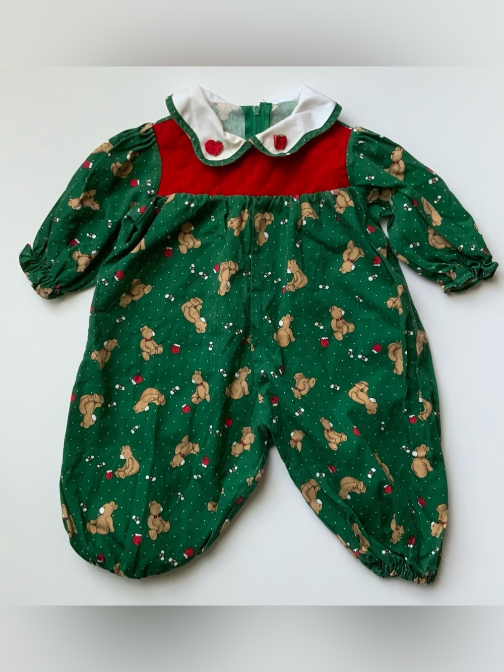 Vintage 90s Baby Green Teddy Print One-Piece Romper with Red Yoke